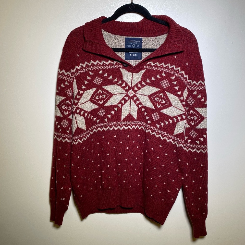 American Eagle Nordic Snowflake Holiday Christmas Red/ Burgundy Sweater Size: L